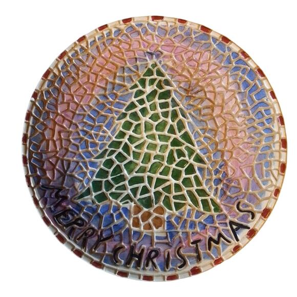 Mosaic Pillar Candle Plate Merry Christmas Tree - Picture 6 of 7